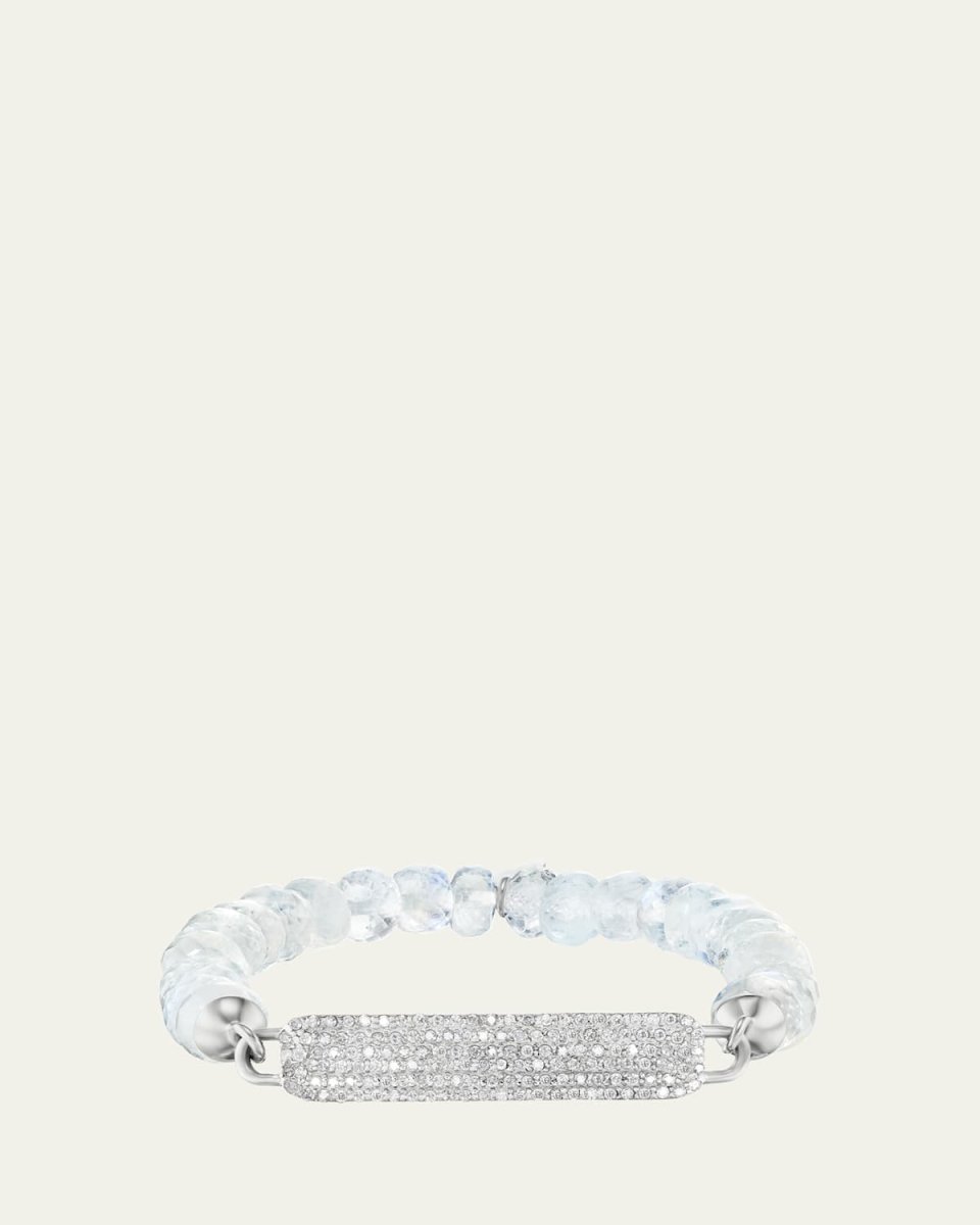 Pave Diamond Small ID Tag on 8mm Rainbow Moonstone Bead Bracelet